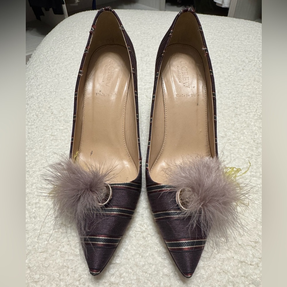 J. Crew Collection Elise Purple and Cream Kitten Heel Pumps with Pom-Pom Detail